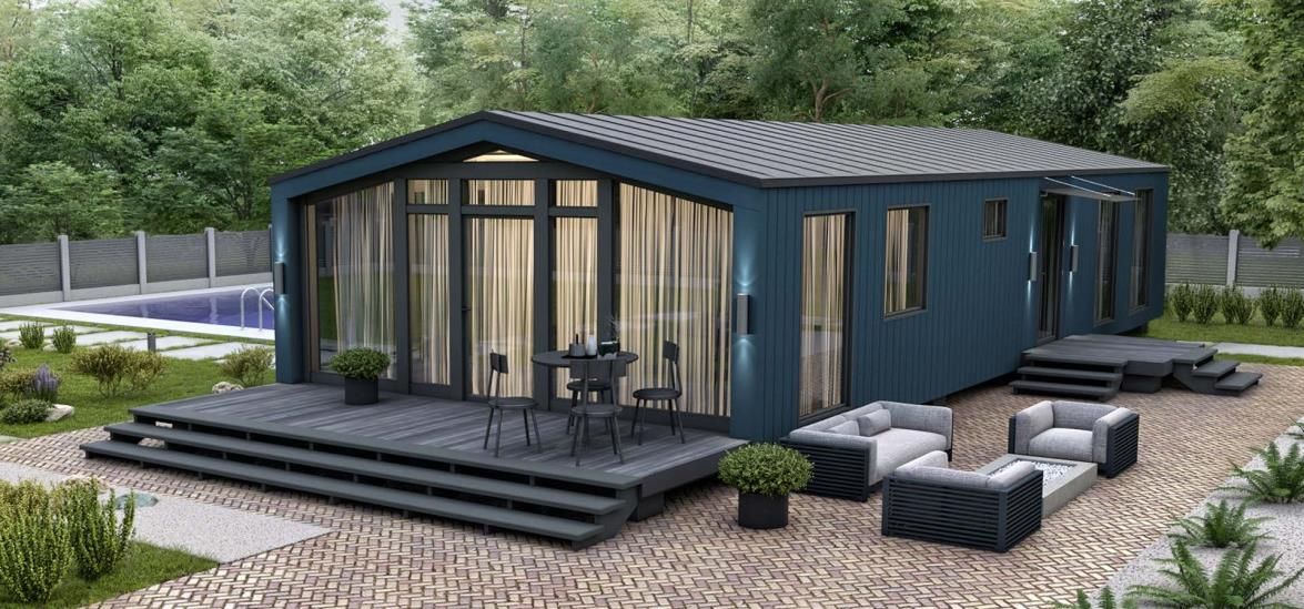 Дом в стиле Barn House с террасой и бассейном